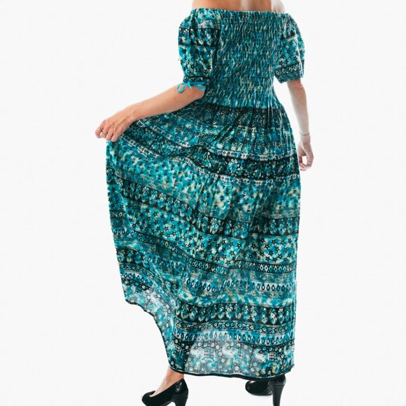 Turqoise peasant maxi dress short sleeve off shoulder boho summer floral tie dye - Picture 4 of 5
